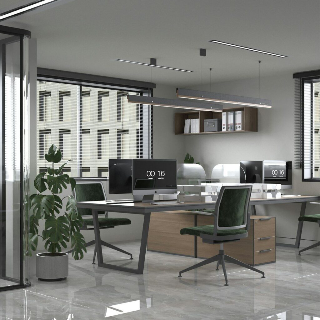 an office with a desk, chairs, and a potted plant